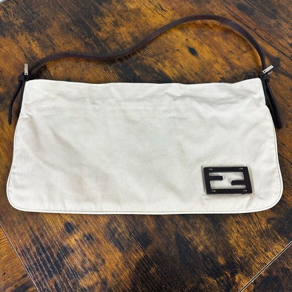 Fendi Logo Flat Cotton Fabric Pochette Shoulder Bag Baguette Beige - Picture 1 of 13